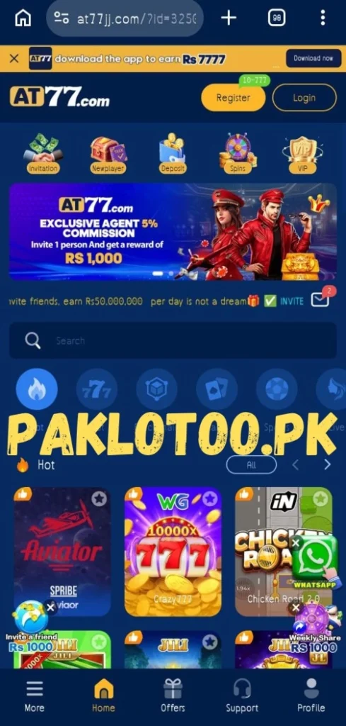 AT77 game home dashboard with casino features