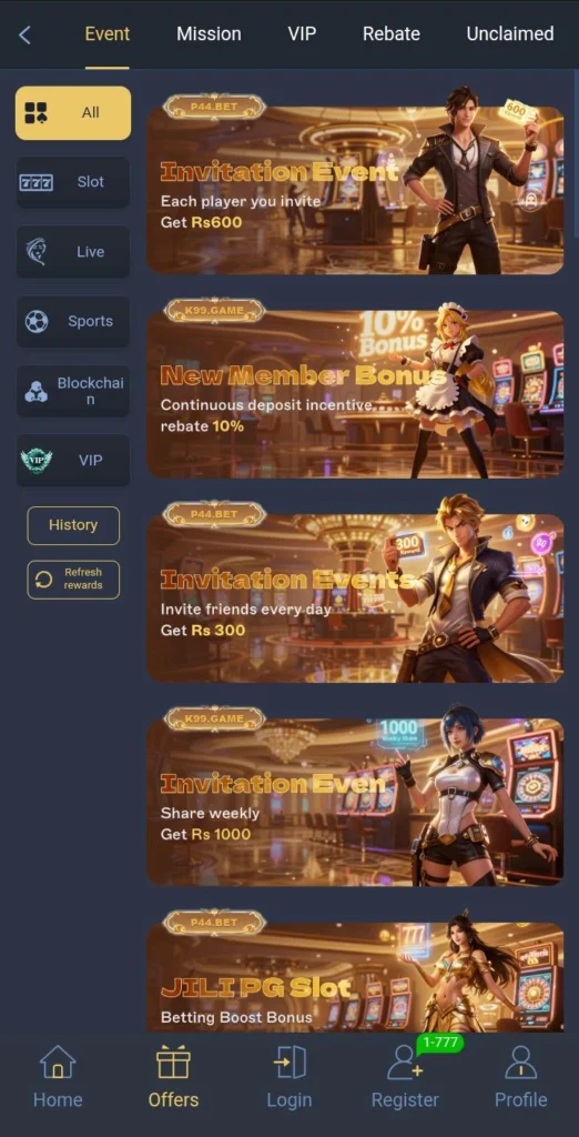 P44 BET Game offer rewards and bonus promotion banner