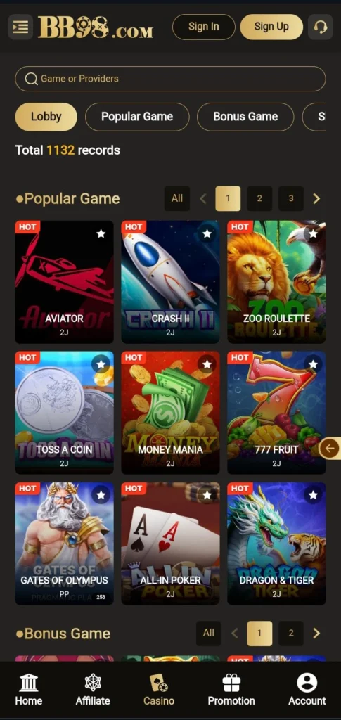 Game homepage with casino bonus and sports menu