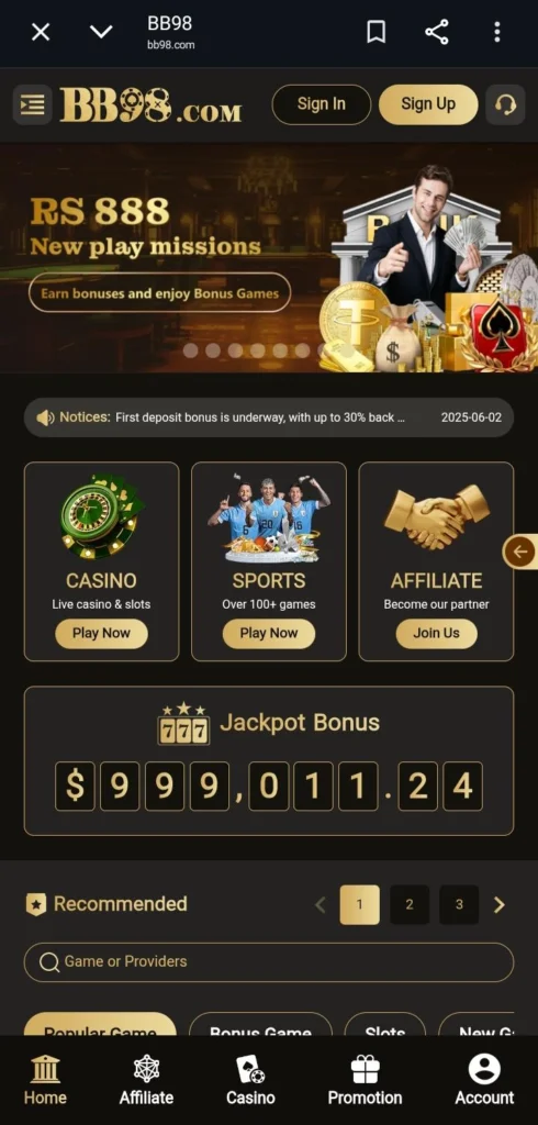 BB98 game lobby with popular casino games list