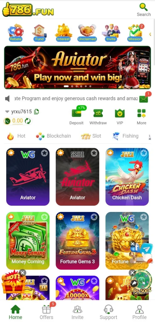 Online earning game home dashboard with casino style design
