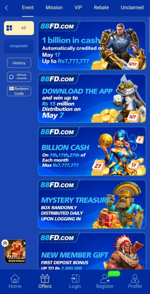 Game event page showing bonus offers, mystery rewards, and new member gifts.