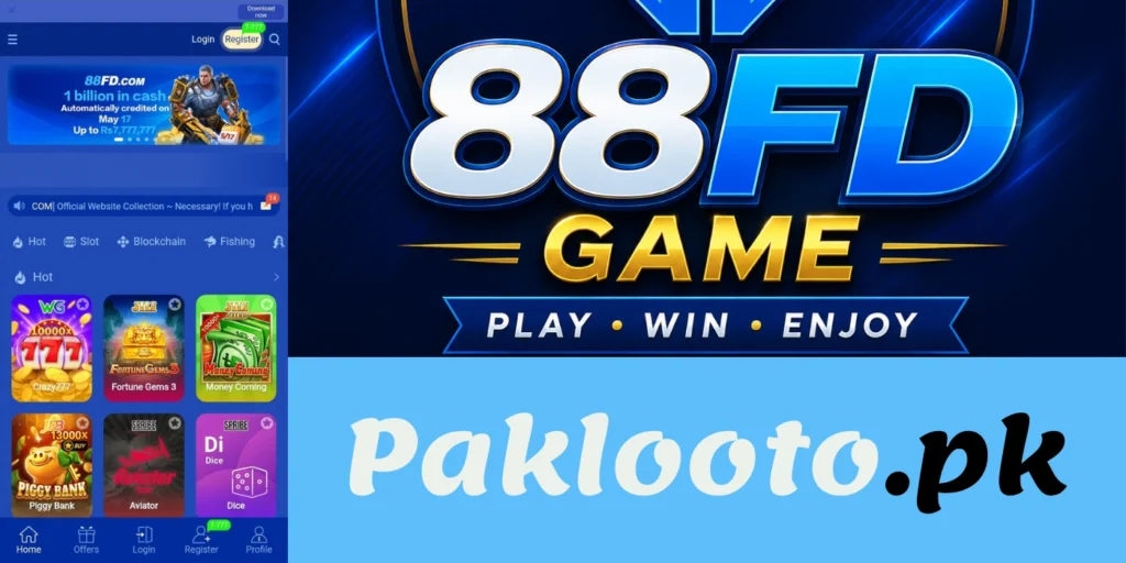 88FD Game app interface with casino-style games and Paklotoo.pk branding.