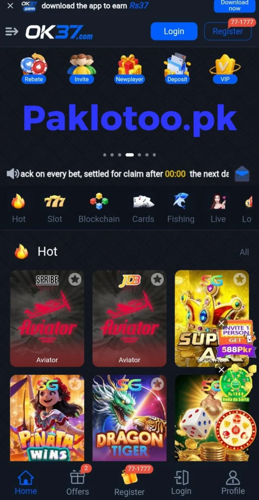 OK37 Game home dashboard interface