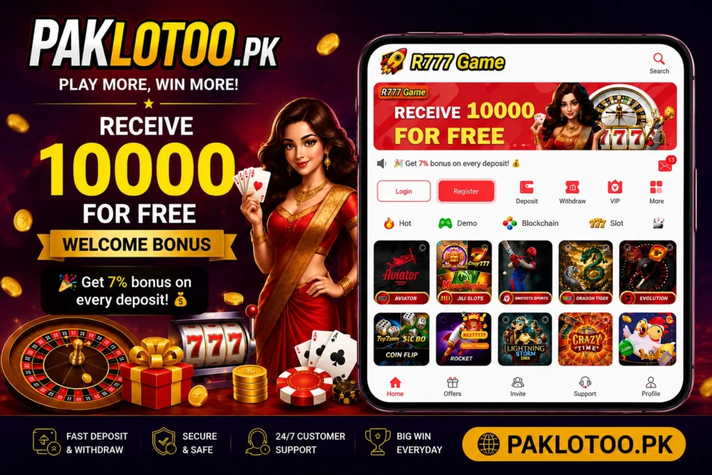 R777 app banner with welcome bonus 10000 and casino-style game interface